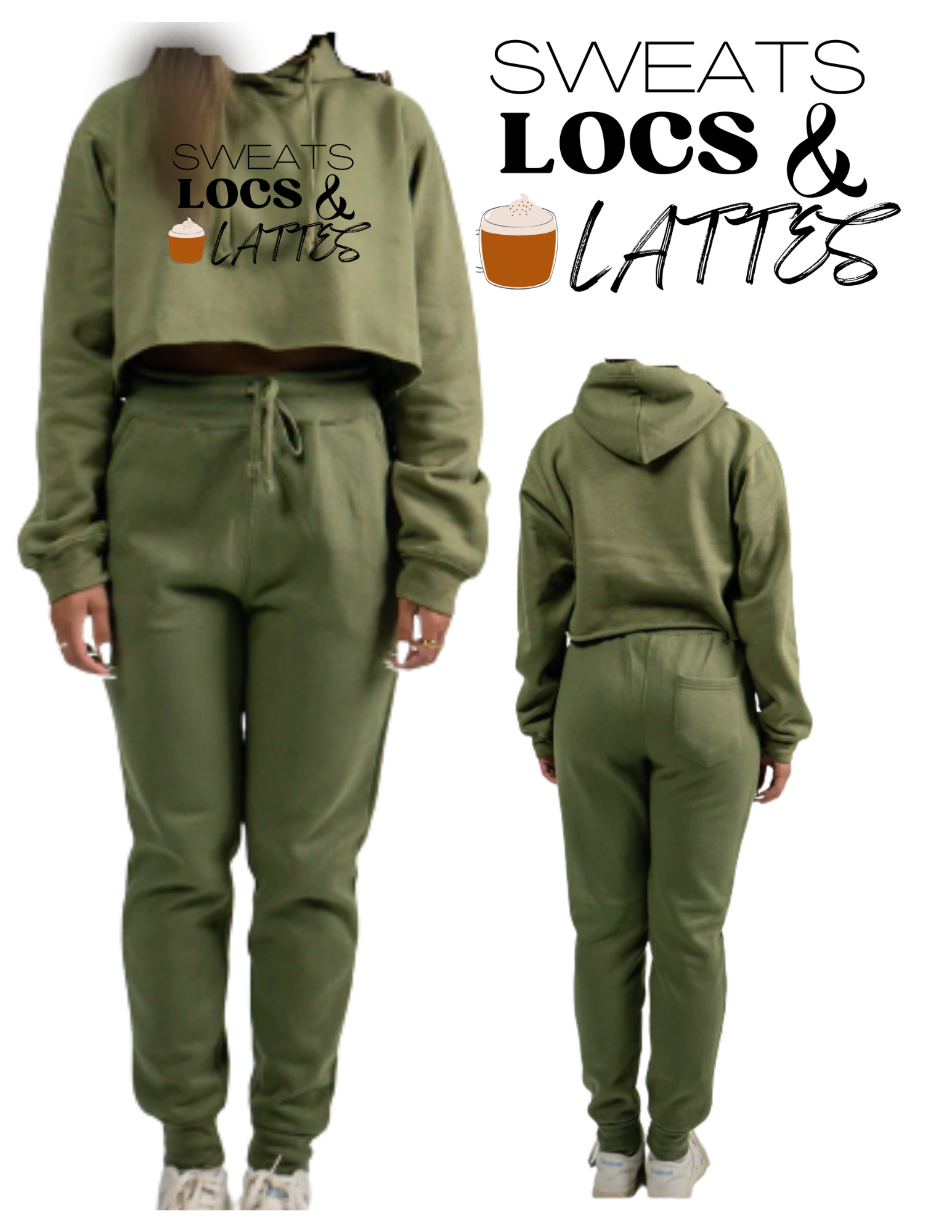 Women’s "Sweats, Locs, And Lattes" Olive Green Cropped Sweatsuit